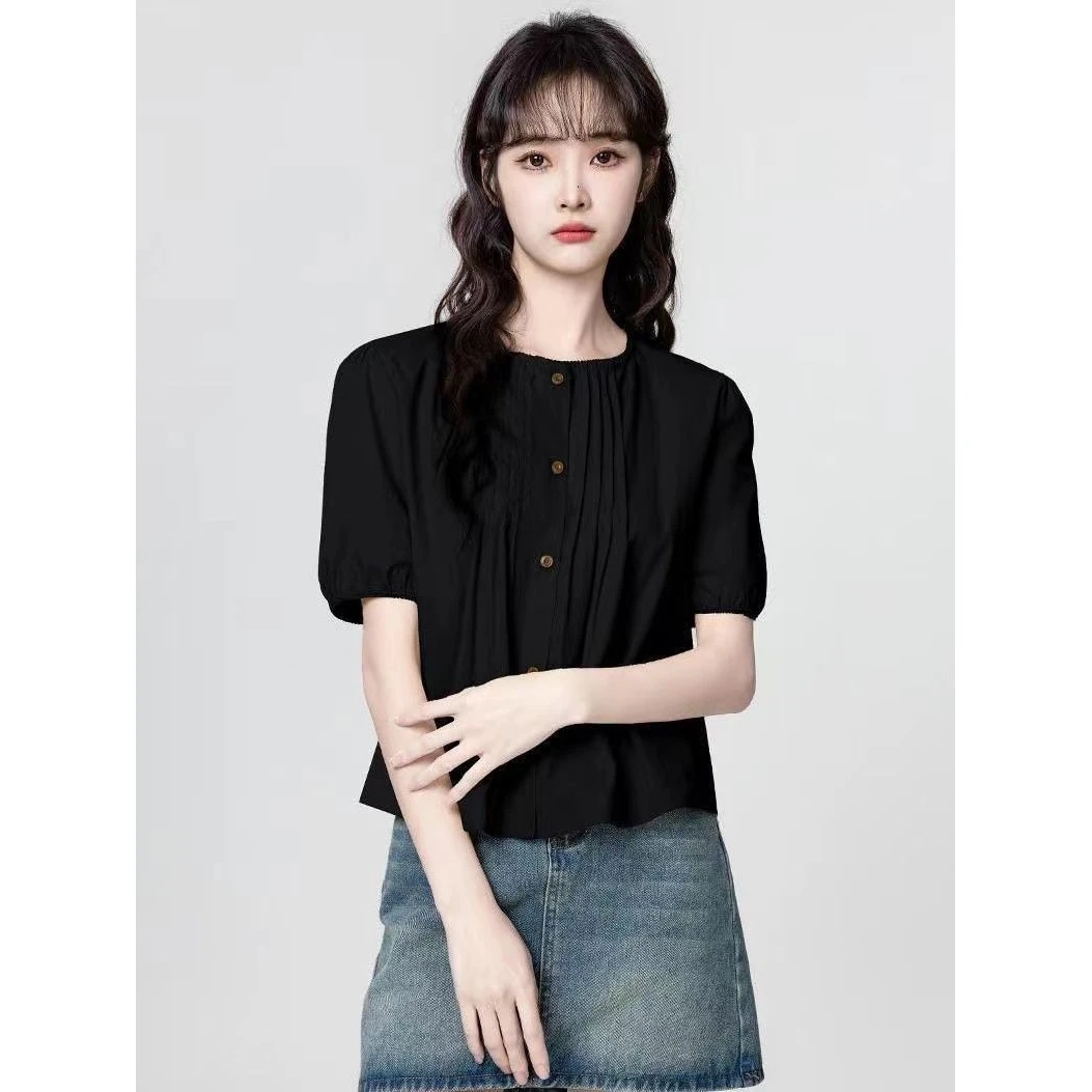 气质小众法式洋气百搭时尚设计感夏季黑色雪纺衫圆领泡泡衬衫2025