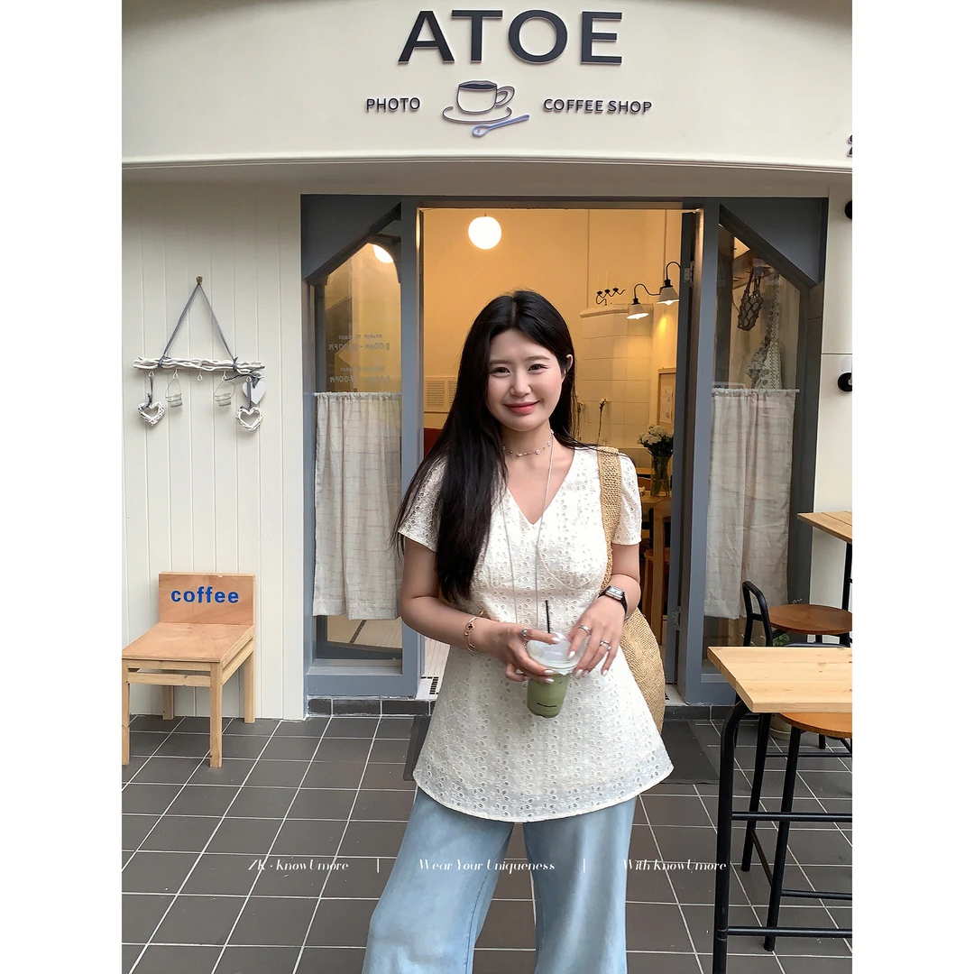 知葵微胖定制【长岛情书】夏季韩系V领收腰衬衫12251CS6757