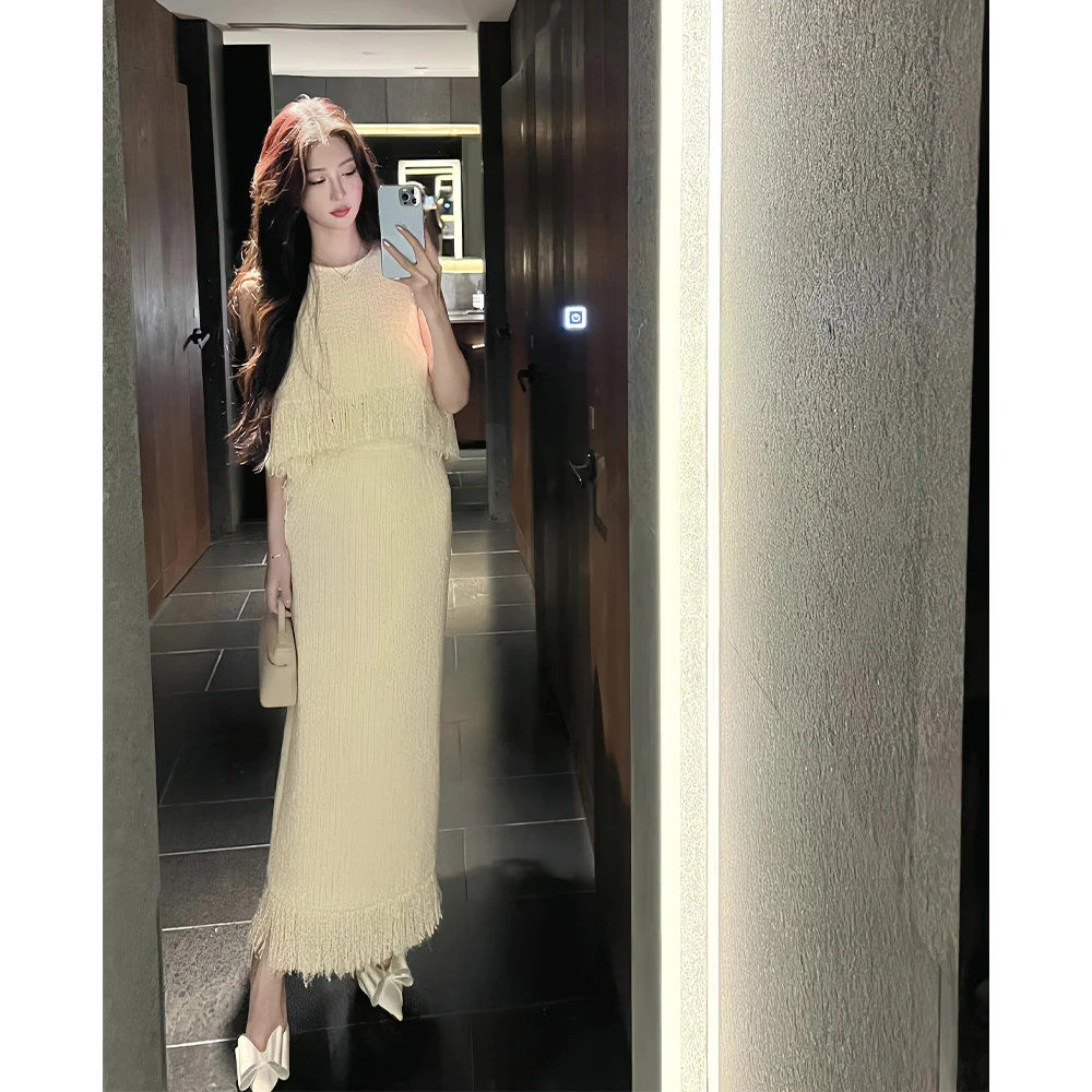 轻熟气质新款女夏拼接无袖背心半裙套装两件套不规则小香风