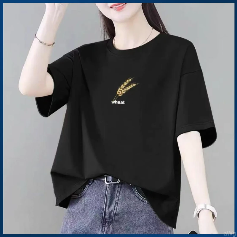 2025新款洋气纯棉圆领上衣短袖t恤女宽松显瘦减龄休闲大码体恤衫