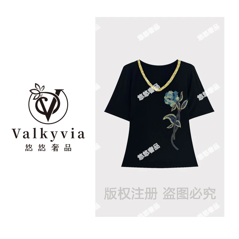 【Valkyvia/悠悠奢品】重工烫钻花朵V领休闲短袖T恤T3772