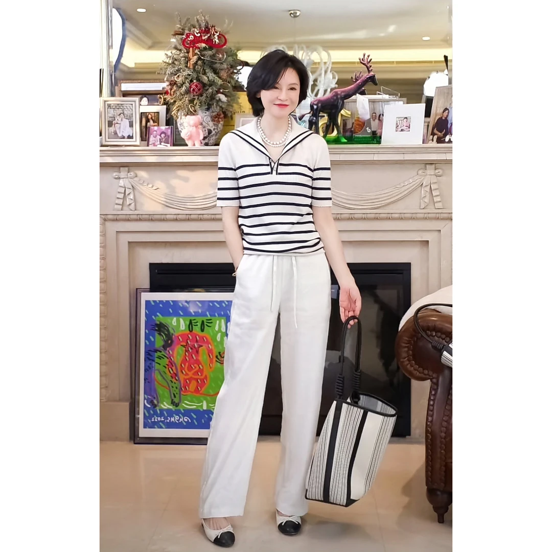 我是摩羯  初见夏天 海军风条纹 翻领短袖羊毛桑蚕丝针织衫