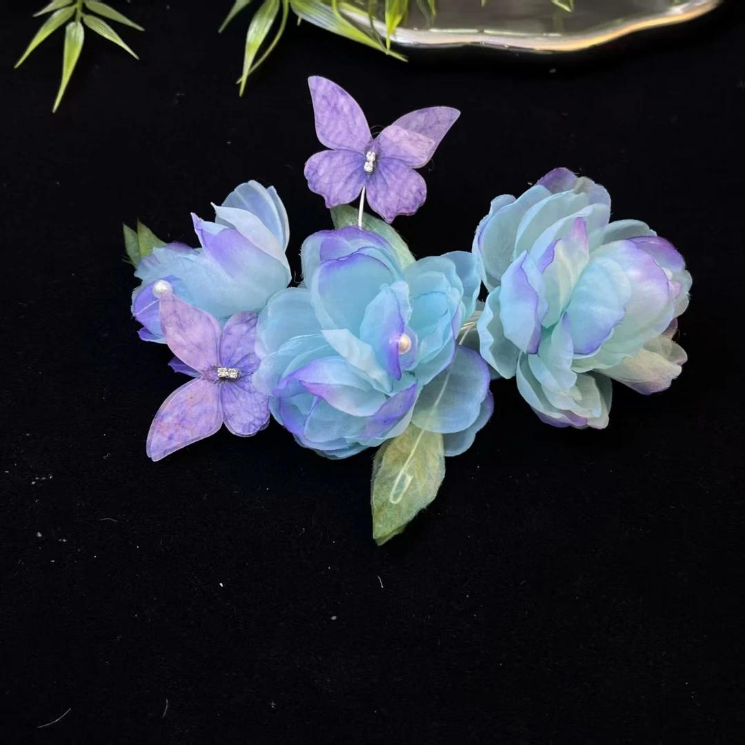 云鬓花古风饰品古装发饰仙气飘飘烫花发夹 岚蝶蓝玫 汉服头饰B549