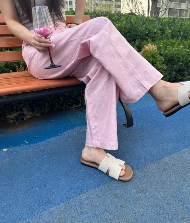 夏季时尚拉链款亚麻长裤宽松女士直筒裤