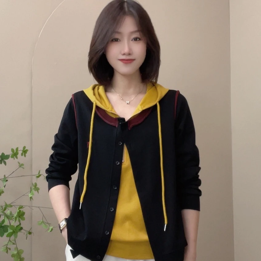 7831秋季新款假两件连帽长袖卫衣显瘦百搭修身女士上衣打底衫女
