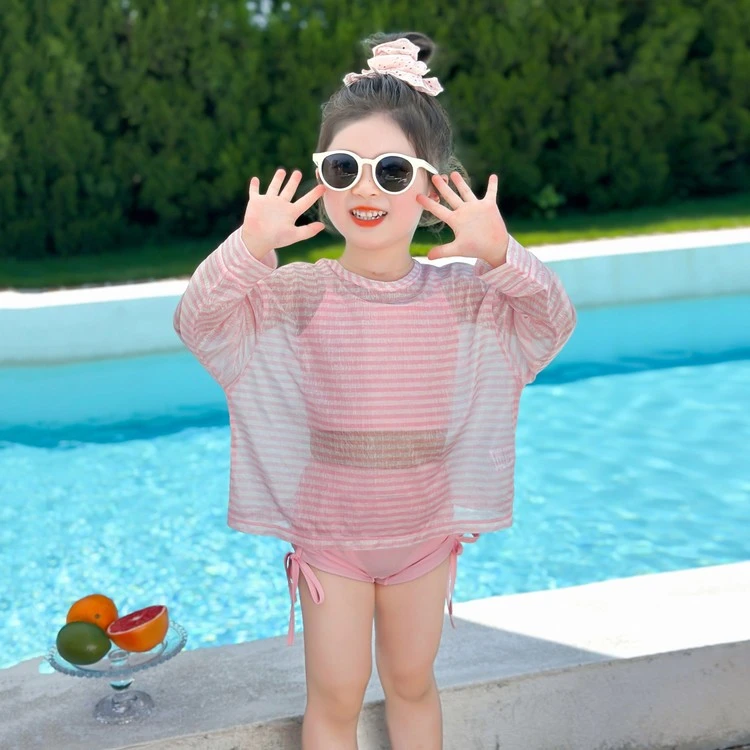 女童泳衣夏装新款儿童海边温泉长袖罩衫三件套女孩分体平角游泳装