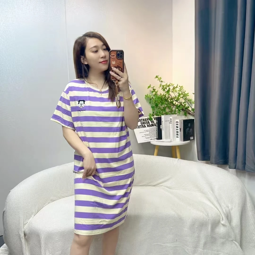 芬亿夏季条纹宽松冰瓷爽棉睡裙高弹力