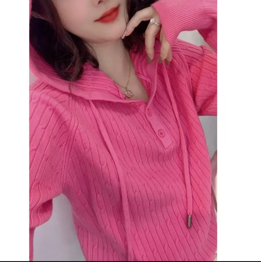 休闲秋冬麻花连帽针织毛衣保暖时尚打底外穿减龄宽松慵懒风-518