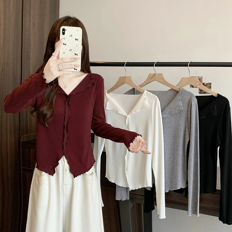 2025秋冬装新款胖mm大码女时尚设计感翻领木耳边开叉长袖上衣