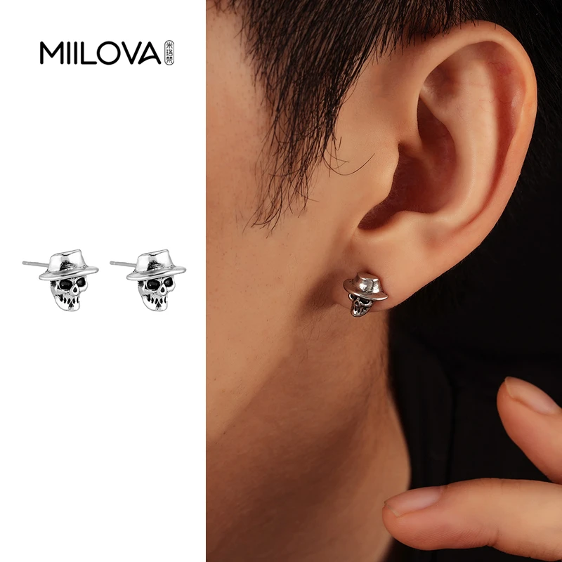 纯铜耳饰 绅士骷颅头耳钉欧美复活节做旧朋克暗黑风鬼骨头耳环女
