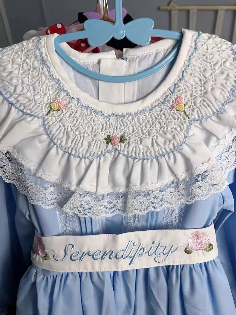 女童手工打揽连衣裙蓝色童装公主裙