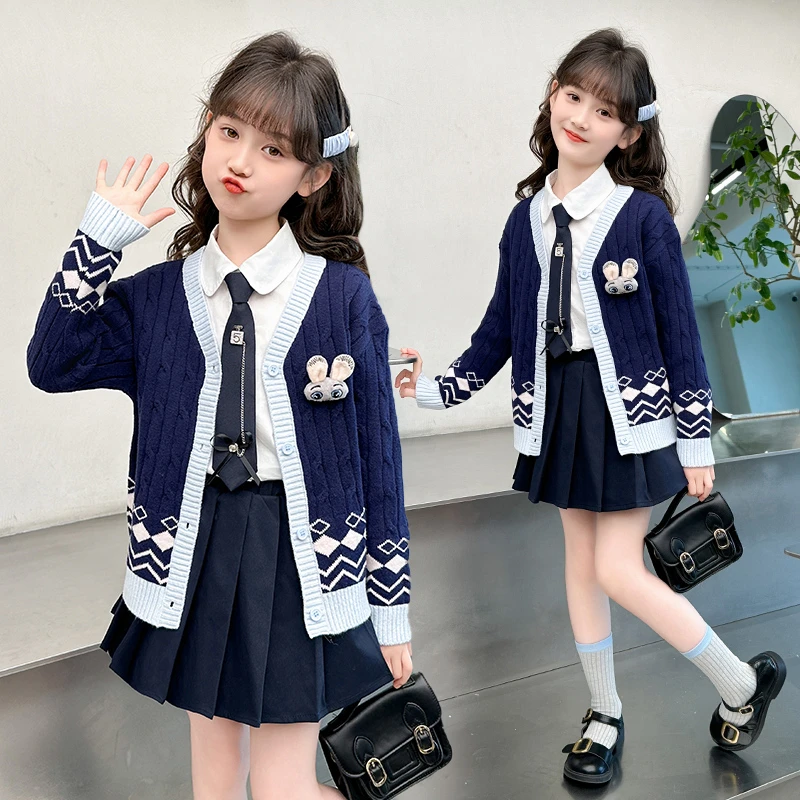 汐玥kids女童春装学院风2025春秋新款中大童兔子警官开衫三件套潮