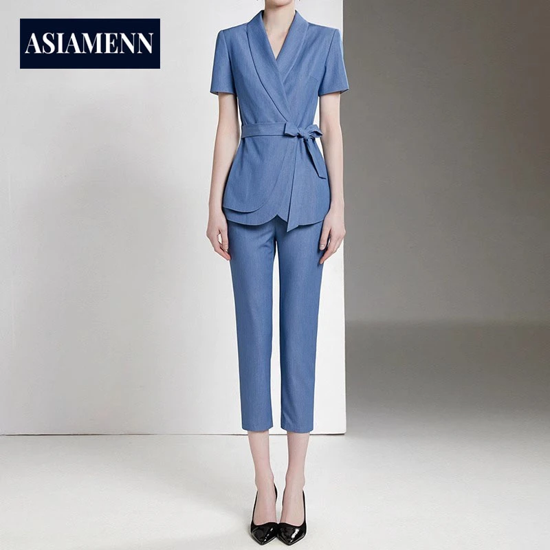 女神范高级感蓝色职业套装女夏季时尚小西装气质女神范工作服套裙