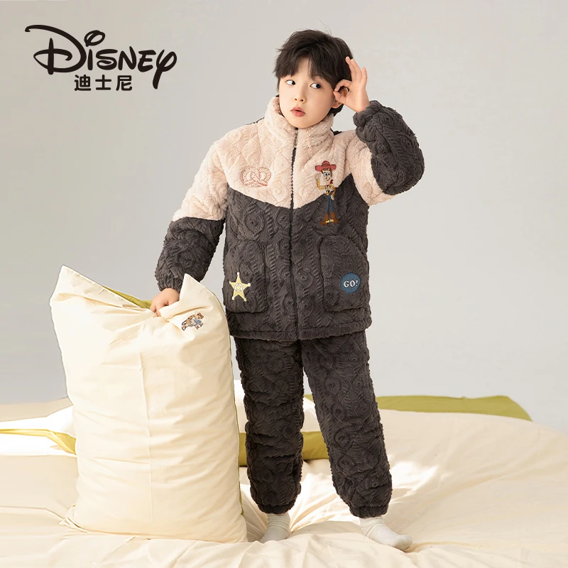 Disney/迪士尼男童三层夹棉睡衣冬季保暖拉链卡通家居服套装2491