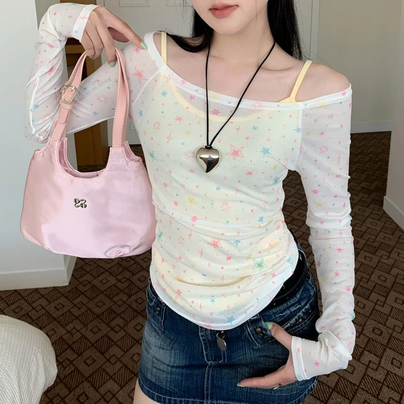 美式辣妹星星长袖罩衫防晒T恤女夏季小个子修身显瘦小众别致上衣