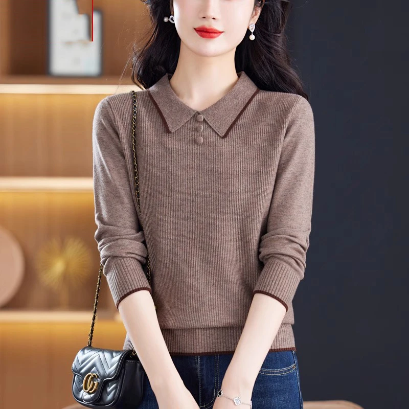 娃娃领春季长袖毛衣女士宽松内搭羊毛针织衫时尚洋气休闲打底上衣