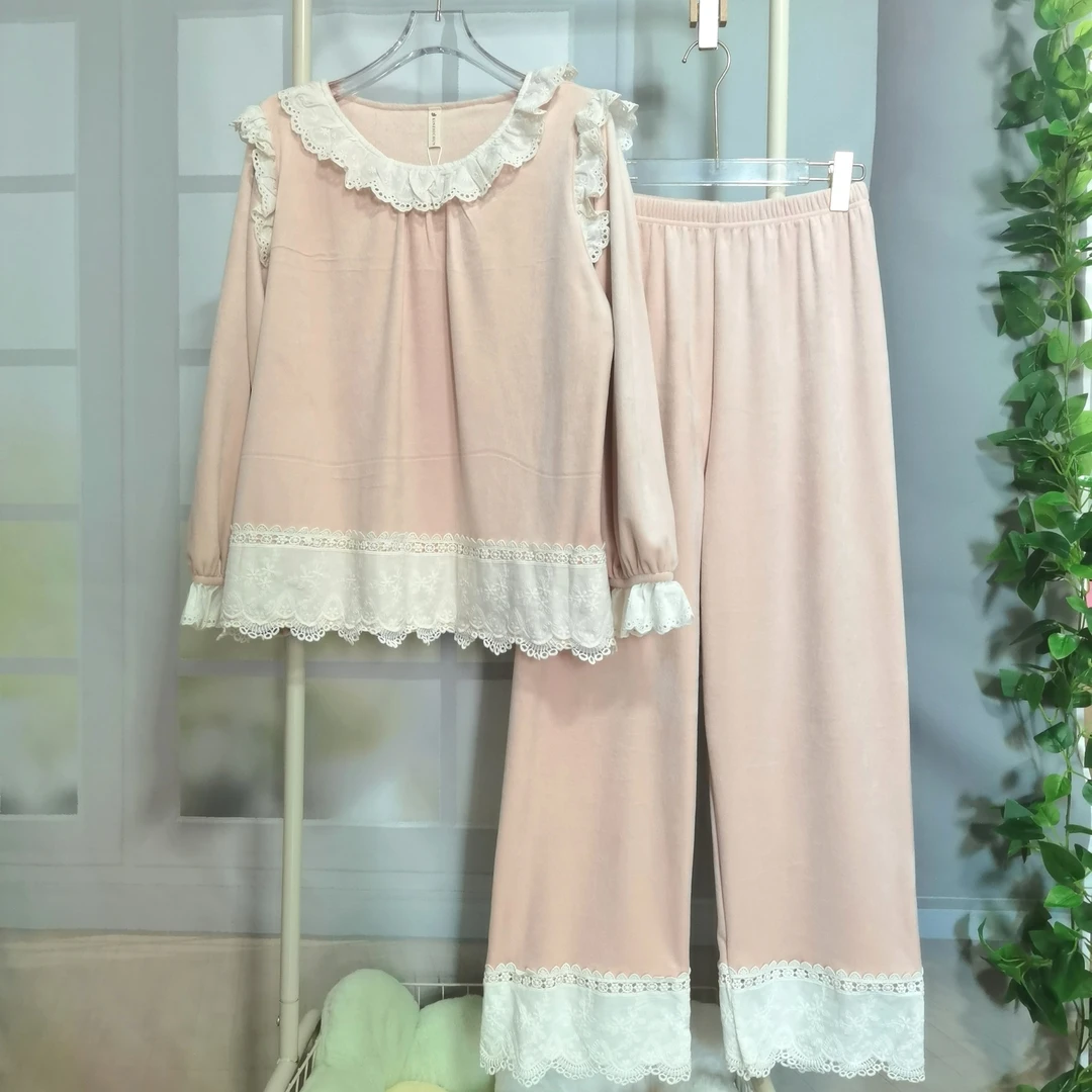 高级感超柔绒睡衣女秋冬加厚双面海岛绒甜美宫廷公主风家居服套装