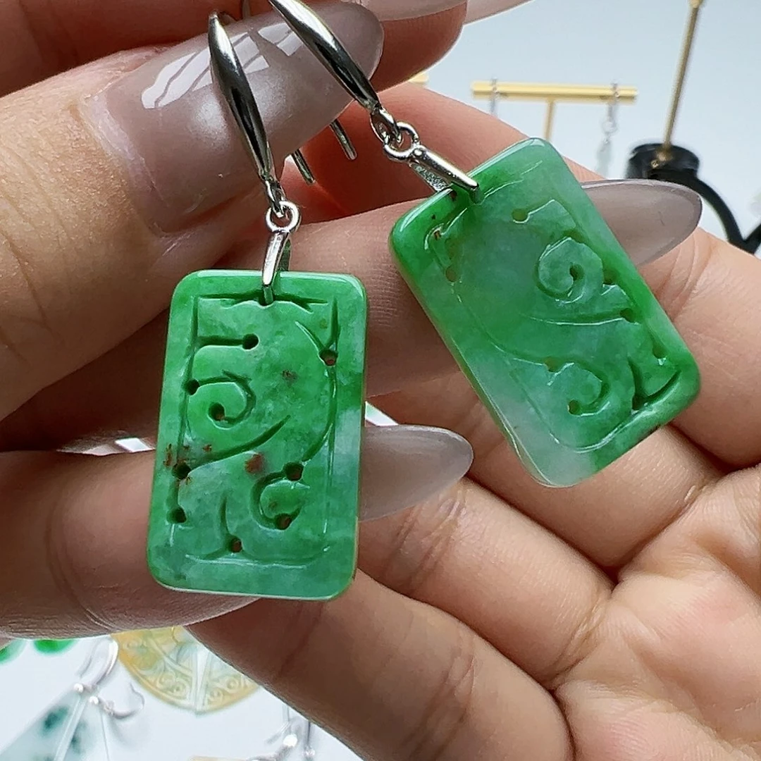 银S925镶嵌翡翠耳饰天然缅甸A货翡翠