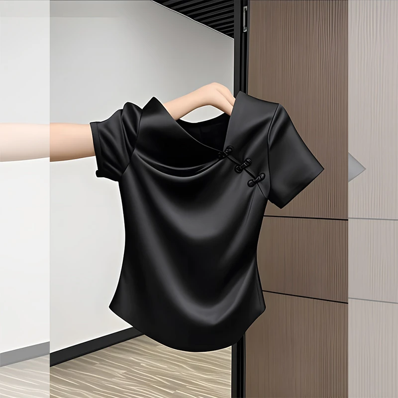 黑色新中式短袖t恤女夏季新款百搭衬衫今年流行爆款衬衣时尚上衣