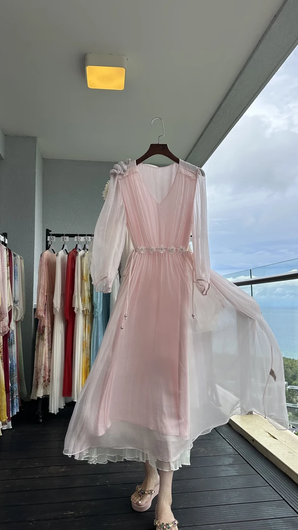 2025 SY 轻奢简约中长款气质显瘦夏季大摆收腰法式淡粉色 25155