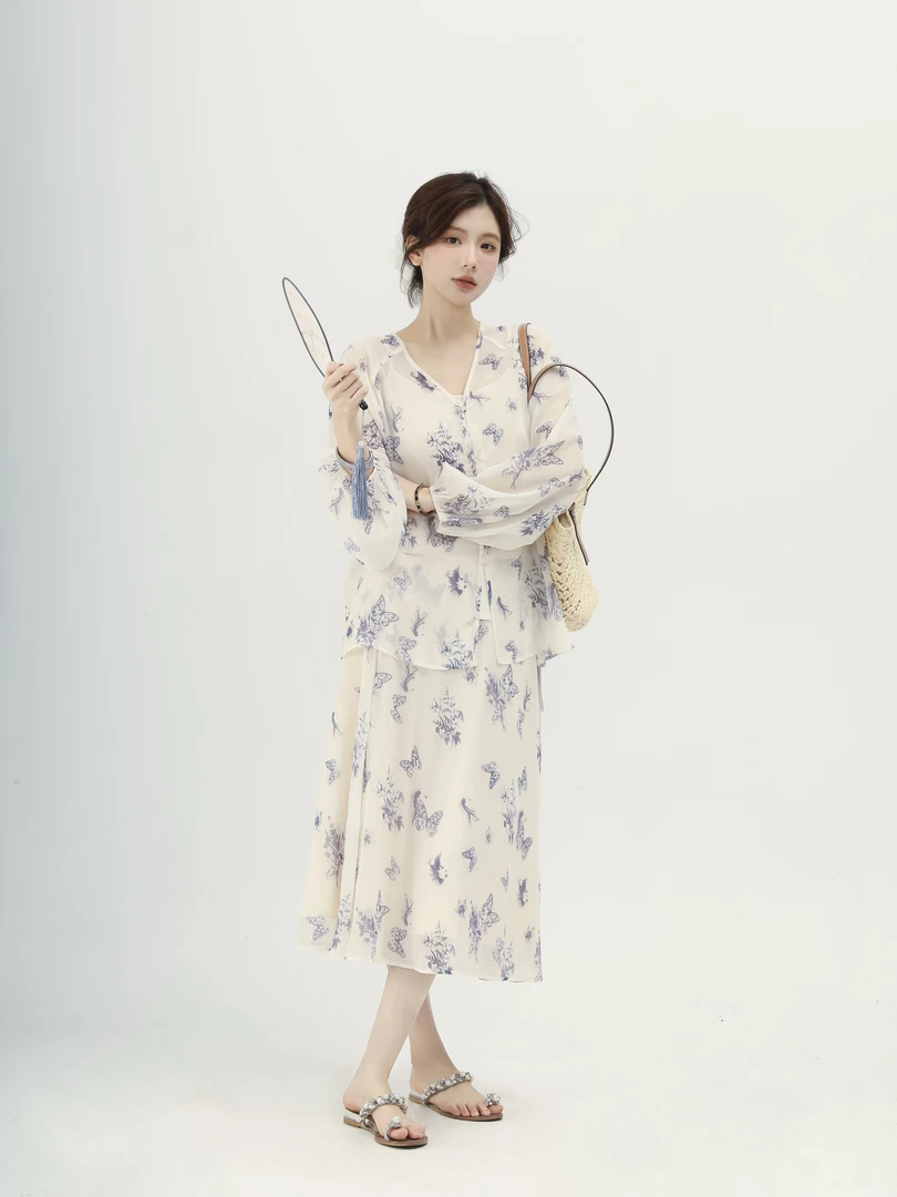 【芝士Cheese】佛里假日夏季休闲百搭优雅蝴蝶度假凉凉防晒套装衬衫