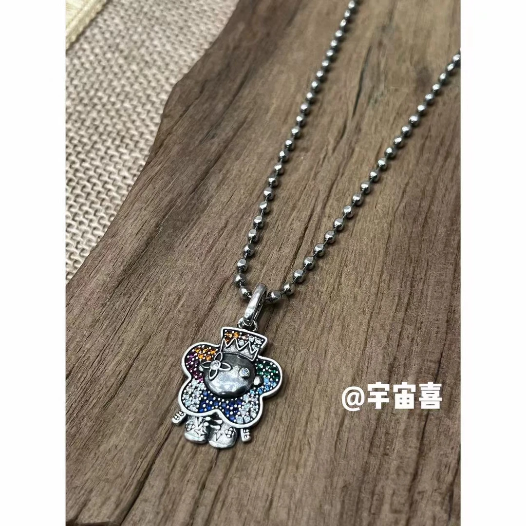 铜合金项链  J4-008【五页花彩锆花子镀银点珠项链】