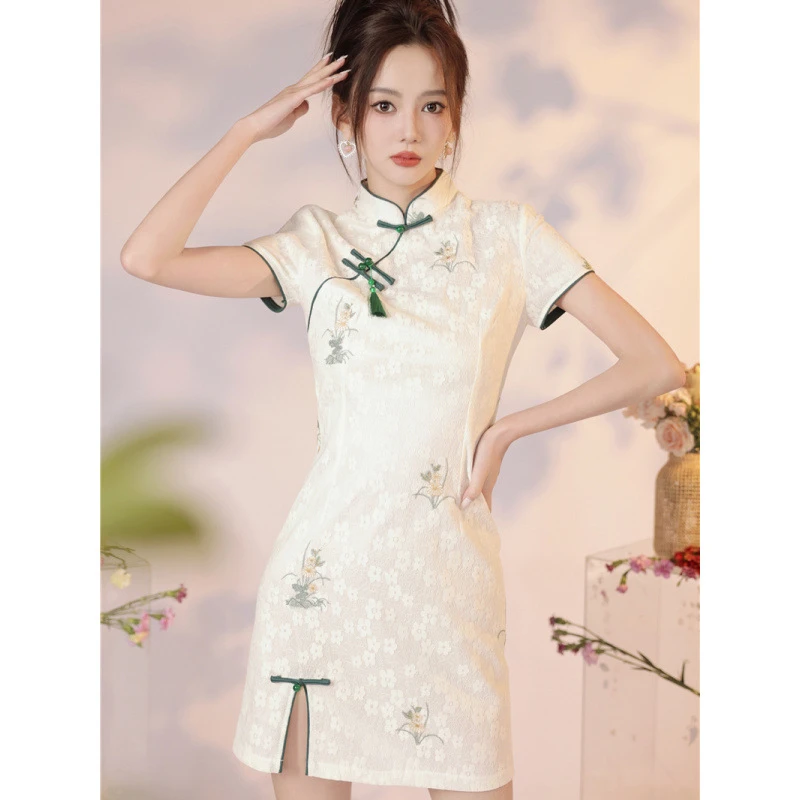 镂空日常旗袍优雅纯色常规款少女风少女短款包臀裙