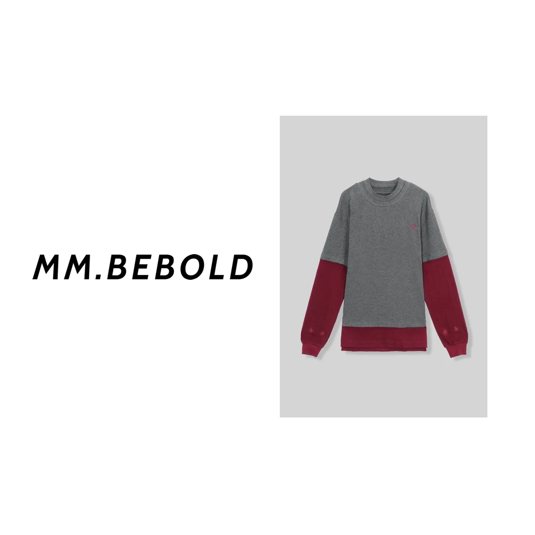 【妙姐精选】迷秋 棉 100 假两件撞色拼接圆领宽松长袖T恤XYXS999