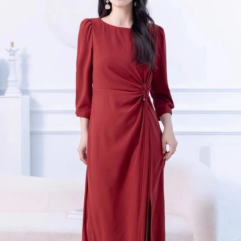 L24110 气质连衣裙春季新款时尚设计显瘦修身红色裙子