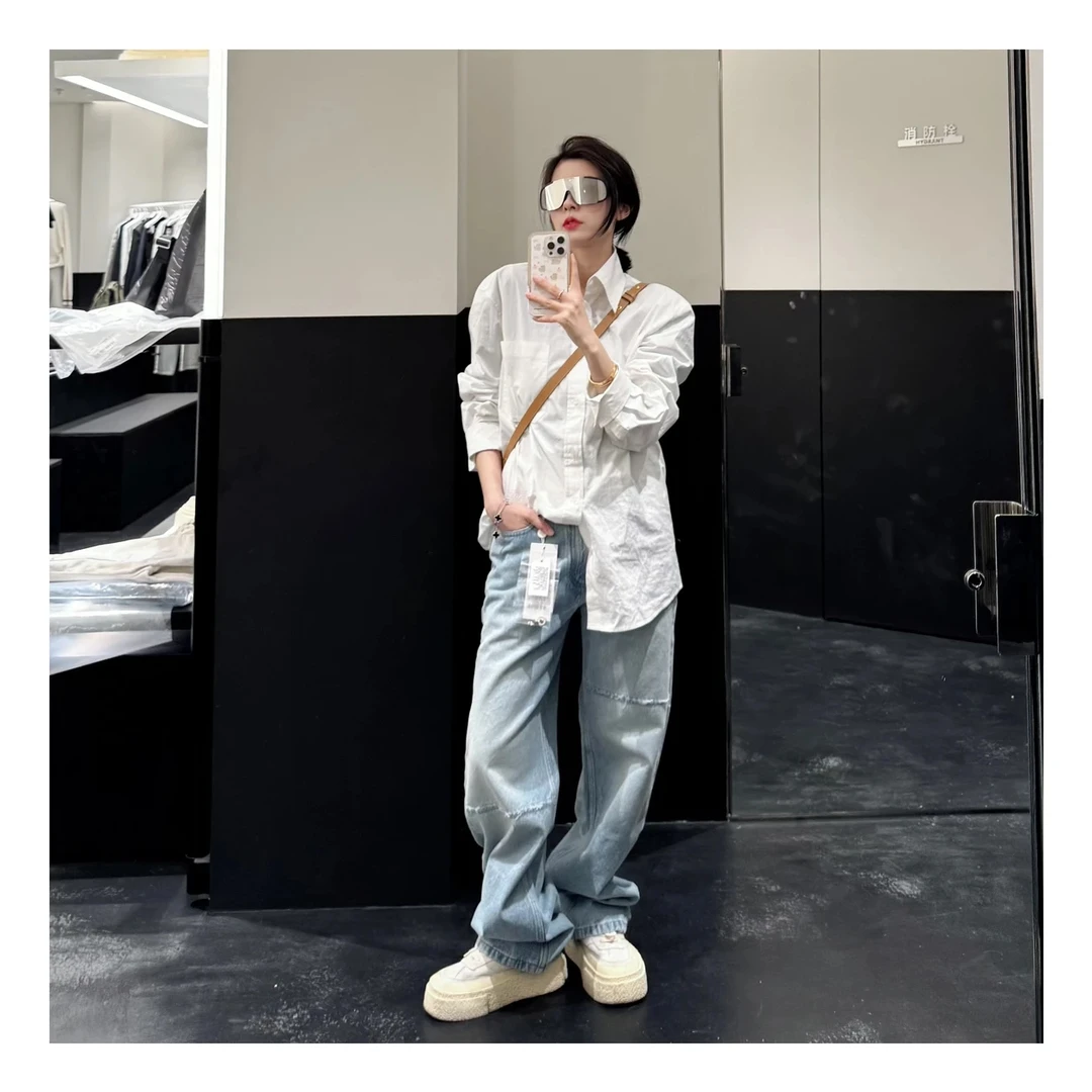 KMD25早春新品纯白刺绣字母衬衫百搭宽松阔形时尚男女同款休闲