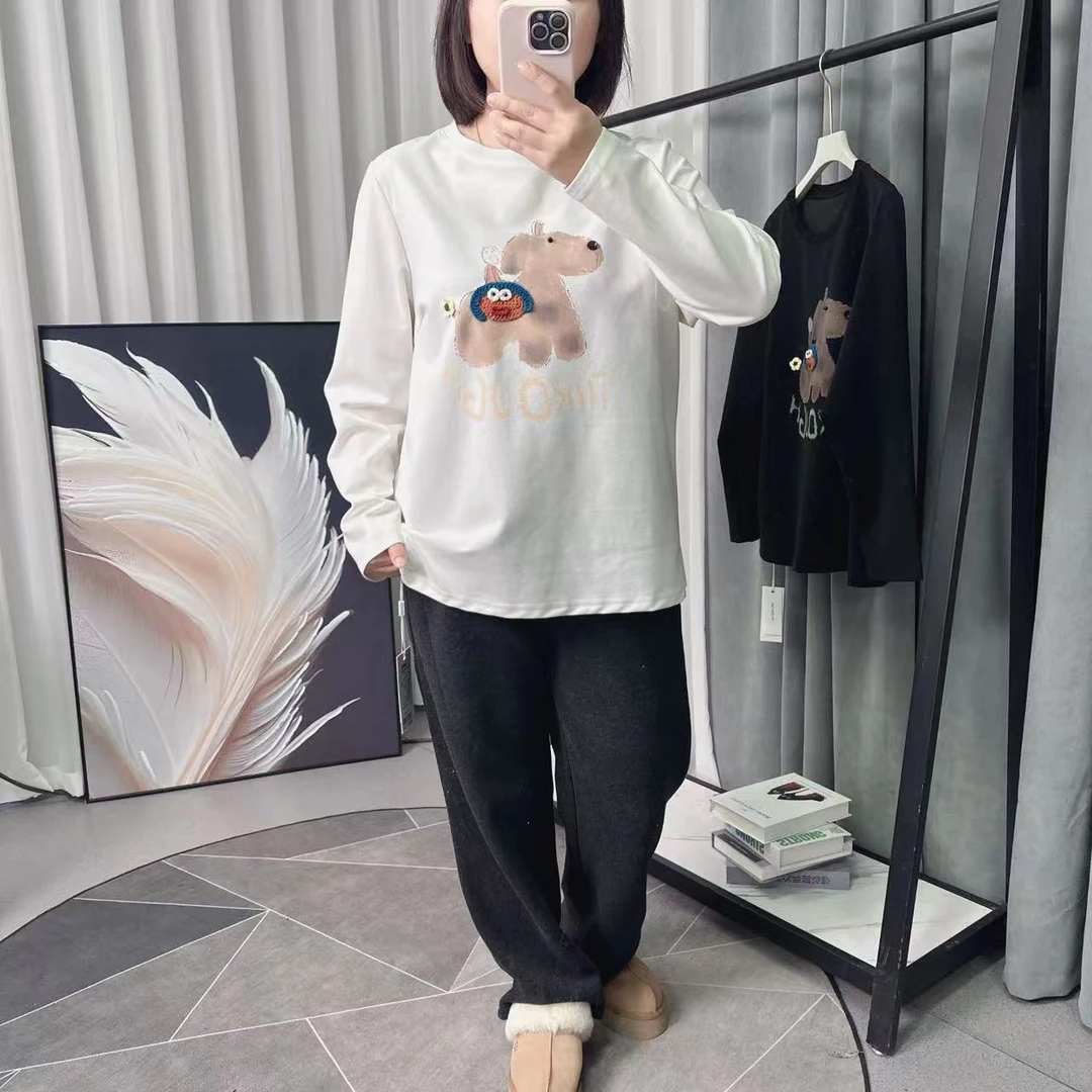 【米莱奇】26春季新款女士长袖韩系卡通印花圆领T恤潮流-6106