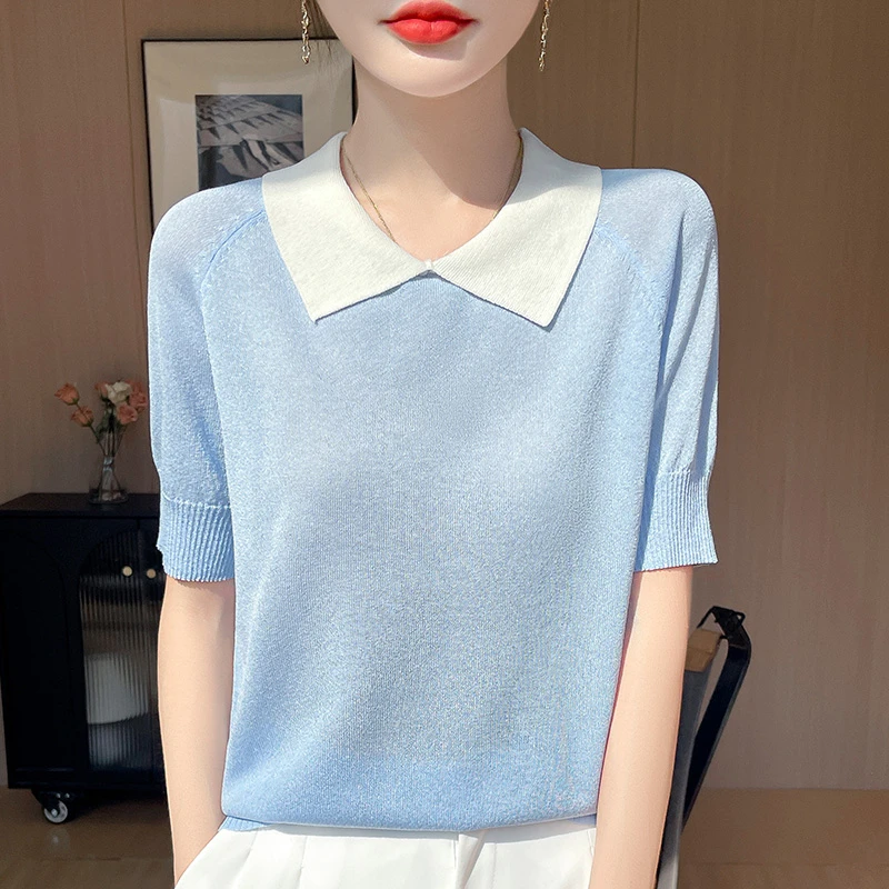 夏季新款POLO领冰丝针织短袖洋气女宽松短款半袖T恤薄款打底上衣