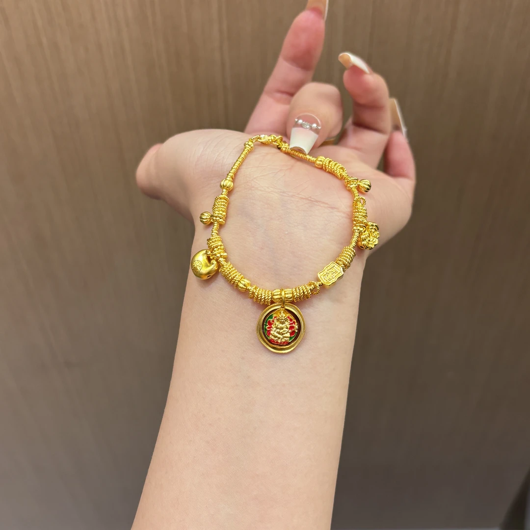【菠萝黄金】足金999 珐琅黄财神手链 克重：23.37克