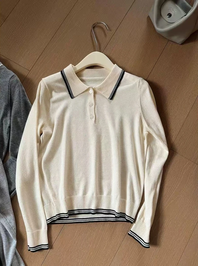 Manmi   高质感撞色条纹边针织POLO衫  3925