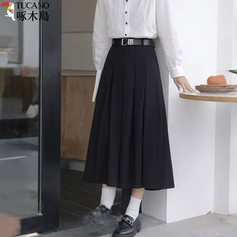 啄木鸟赫本风黑色毛呢半身裙女款秋冬新款中长款时尚百搭遮胯伞裙