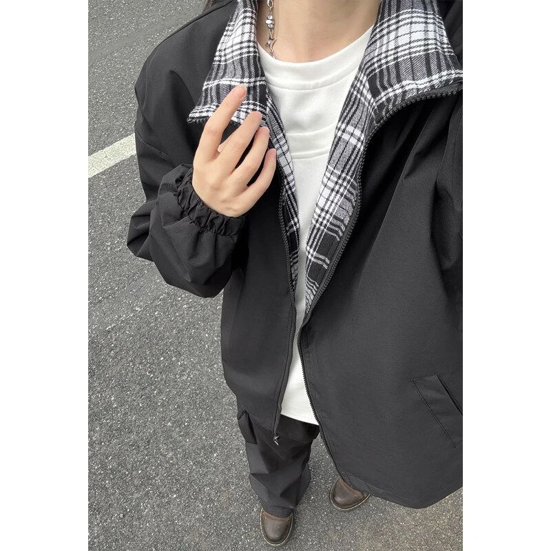 美式复古格子拼接夹克男春秋款痞帅高级感翻领外套情侣棒球服