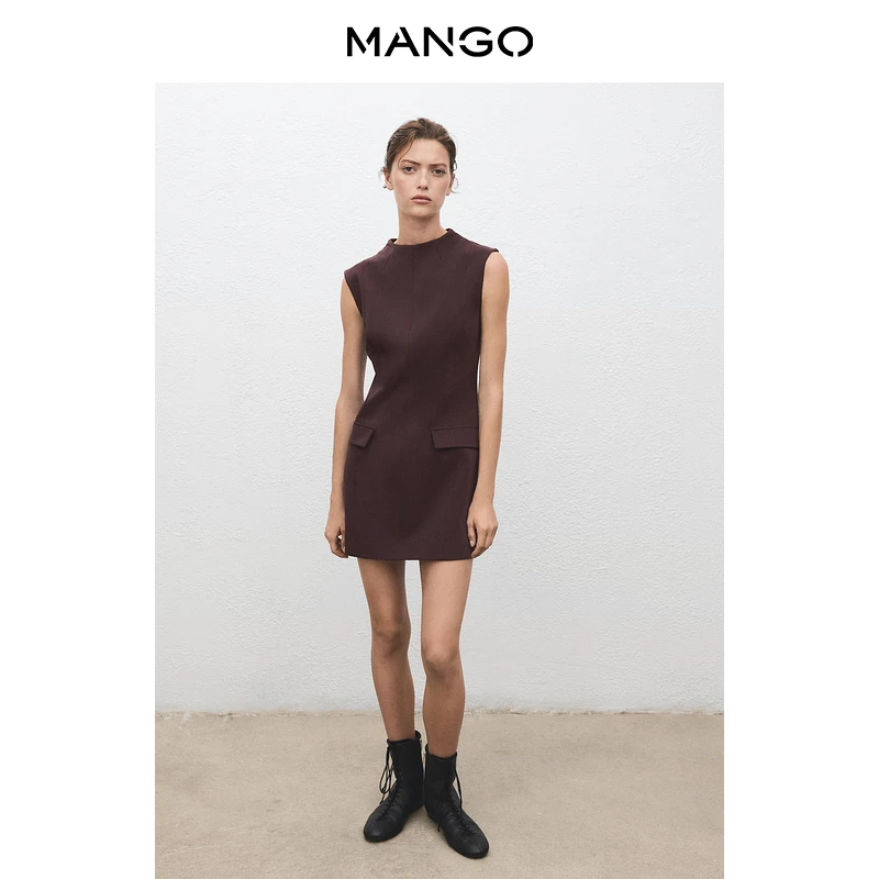 MANGO女装连衣裙2025秋装新款气质无袖圆领修身翻领口袋背心裙