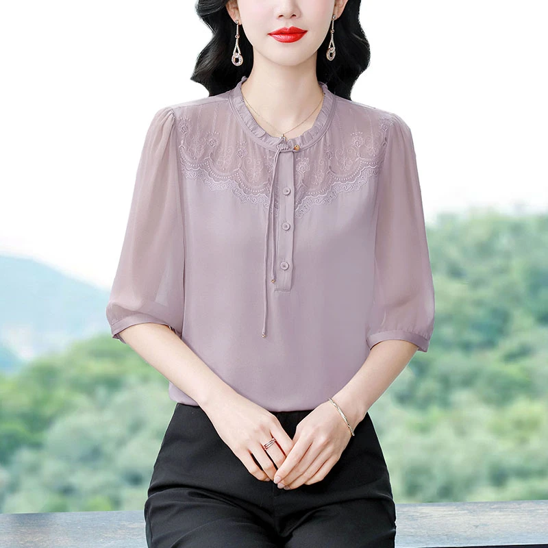 时尚气质百搭杏色衬衫女2025夏季新款韩版简约通勤女士圆领衬衣夏