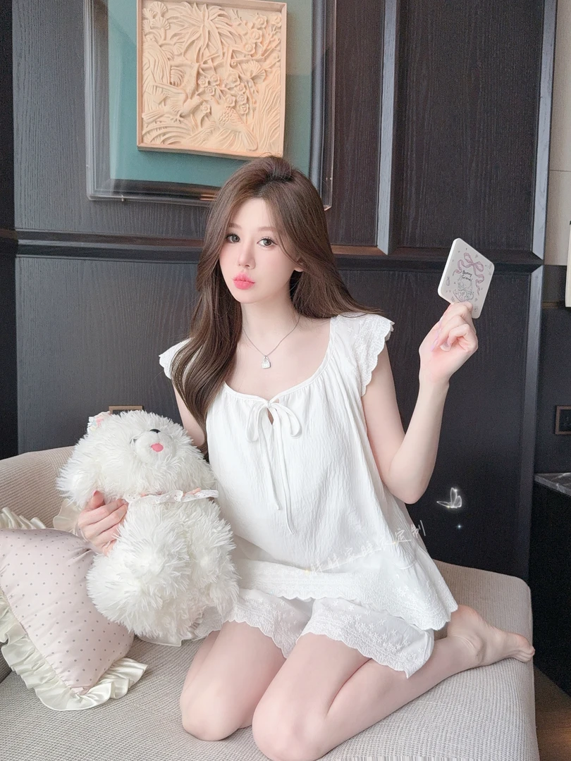 【绵绵】夏季短袖短裤代尔棉纯欲显白家居服可外穿带胸垫睡衣