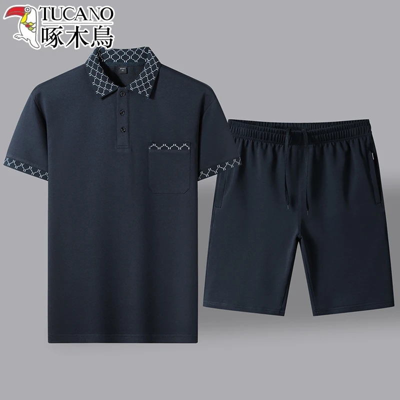 啄木鸟中老年运动爸爸套装POLO衫棉短袖T恤长裤短裤休闲两件套