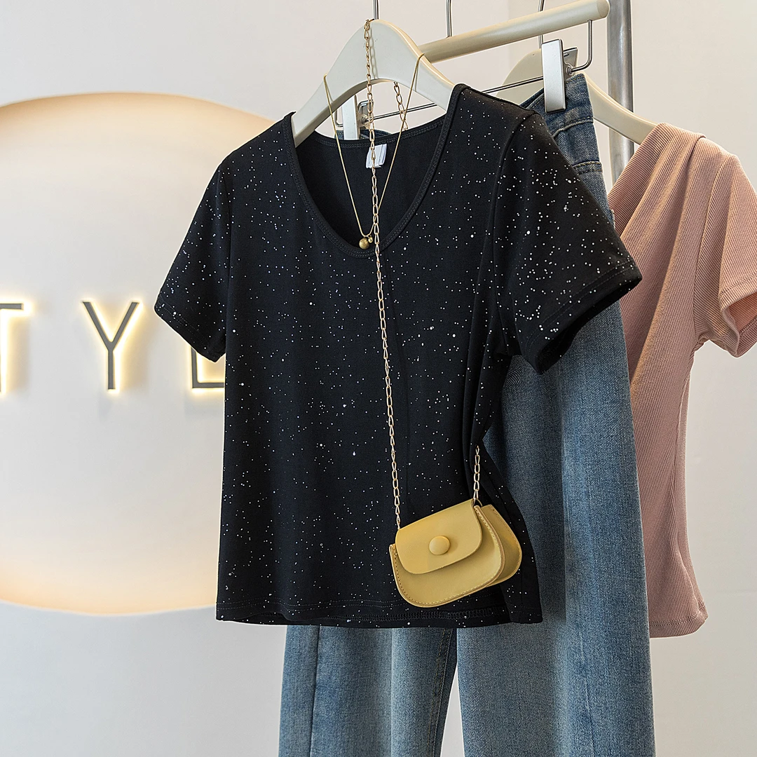 yoewshean/羽媗夏季微胖mm大码女装新款短袖t恤上衣收腰遮肚显瘦