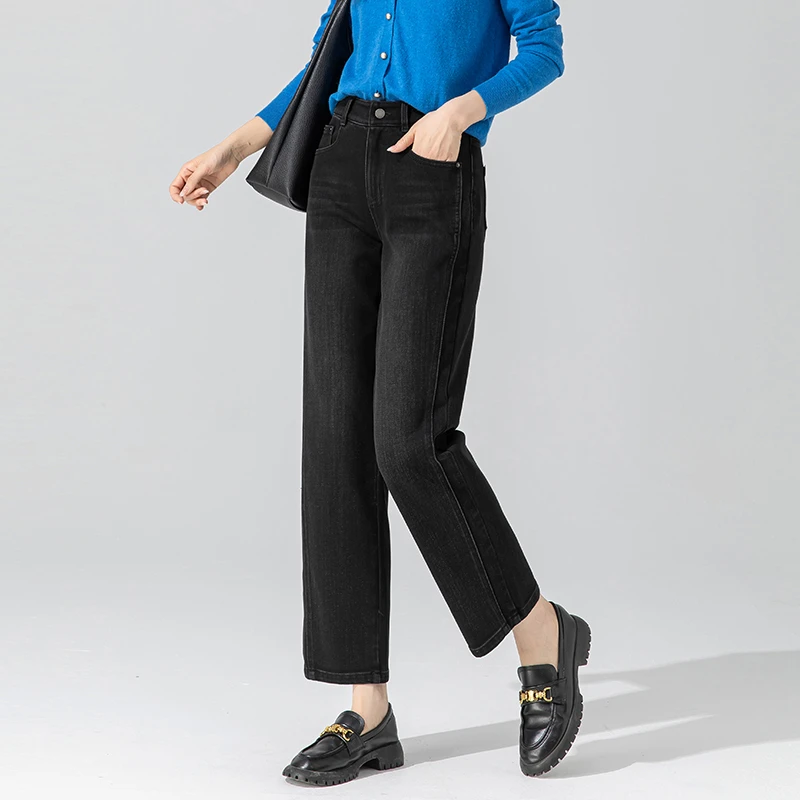 九分烟管裤女2025秋季新款黑色裤子四面弹牛仔裤女显瘦窄版直筒裤