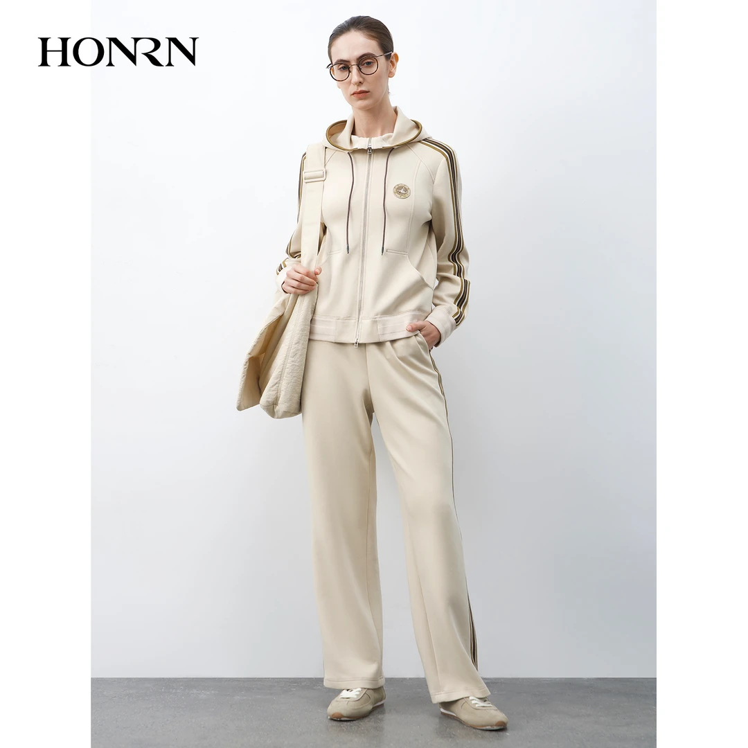HONRN红人长裤秋季休闲短款气质连帽撞色休闲运动套装时尚33263