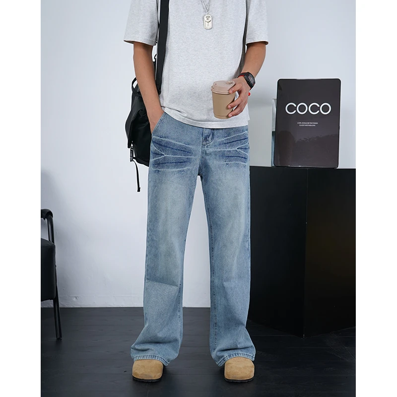 浅蓝色闪电水洗牛仔裤男士夏季潮牌美式高街vibe裤子直筒微喇长裤