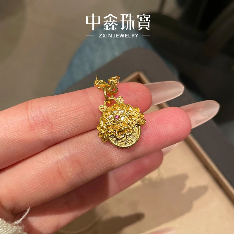 ZxIn/中鑫珠宝 天禄执财黄金项链足金镶嵌貔貅铜钱吊坠新中式编绳