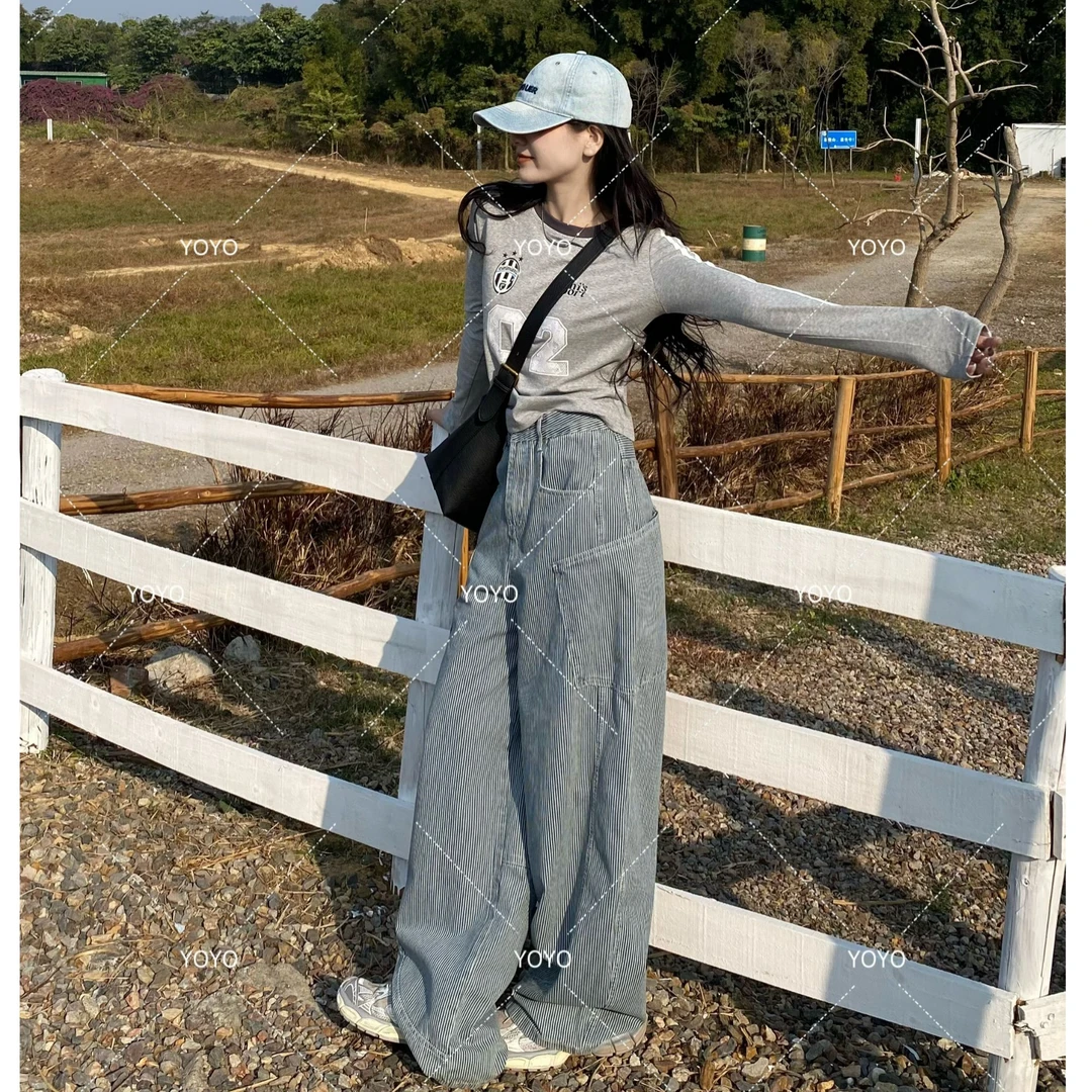 YOYO自制【条纹弯刀】春款2025复古宽松设计感炸街水洗牛仔弯刀裤