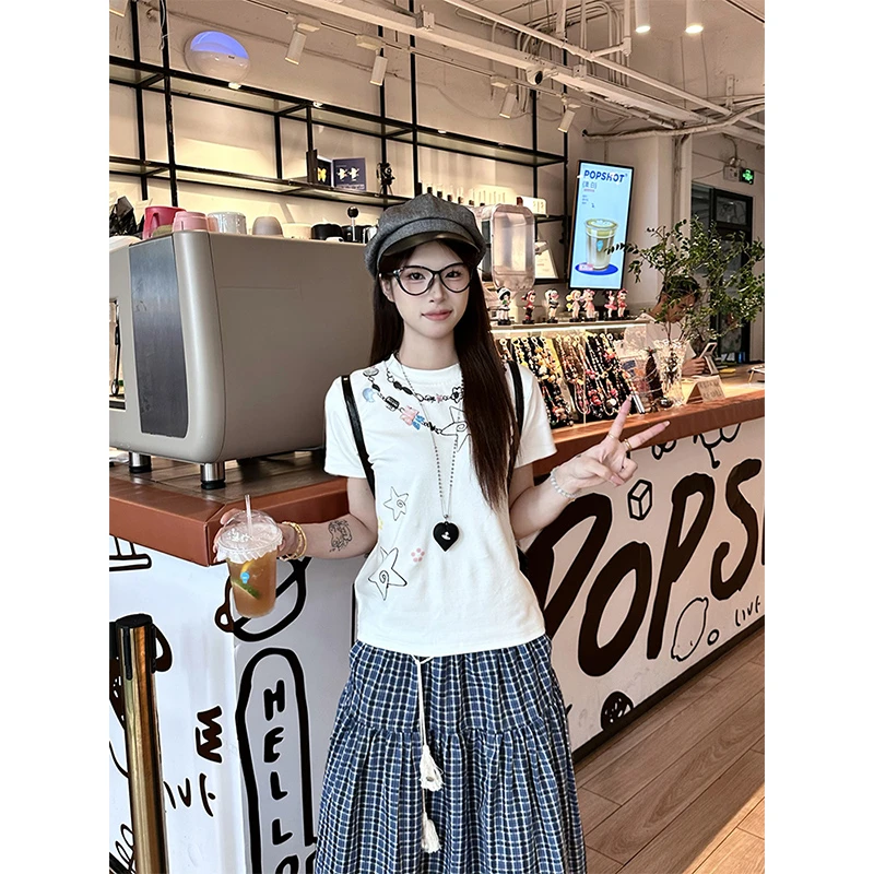 克林菲美式涂鸦项链印花白色短袖t恤女夏设计感显瘦短款正肩上衣