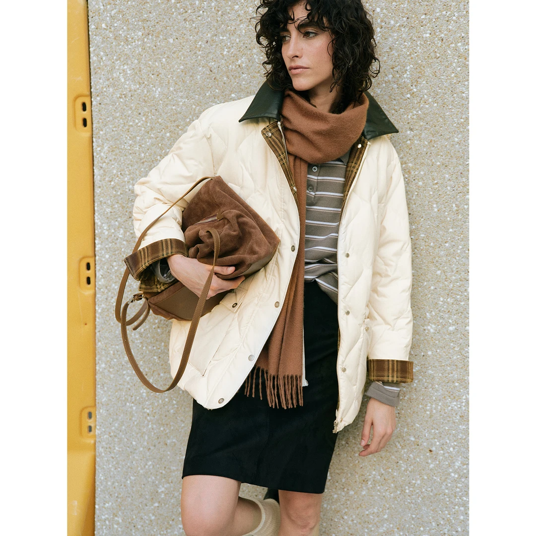 MARIUS“冬日冒险家”轻盈裸感90白鸭绒复古拼皮领一手长羽绒服