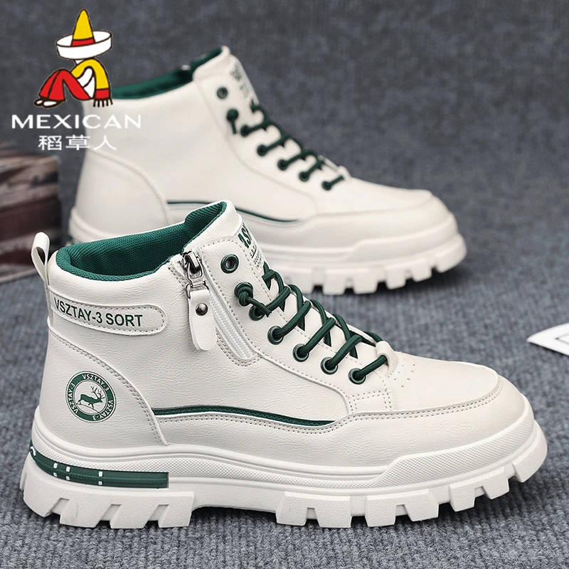 稻草人鞋子男秋季2025新款高帮工装鞋百搭厚底防滑潮流休闲马丁靴