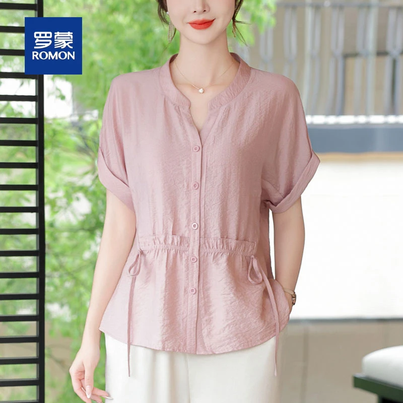 罗蒙40岁50中年妈妈夏装简约小衫套装新款中老年女装休闲短袖T恤